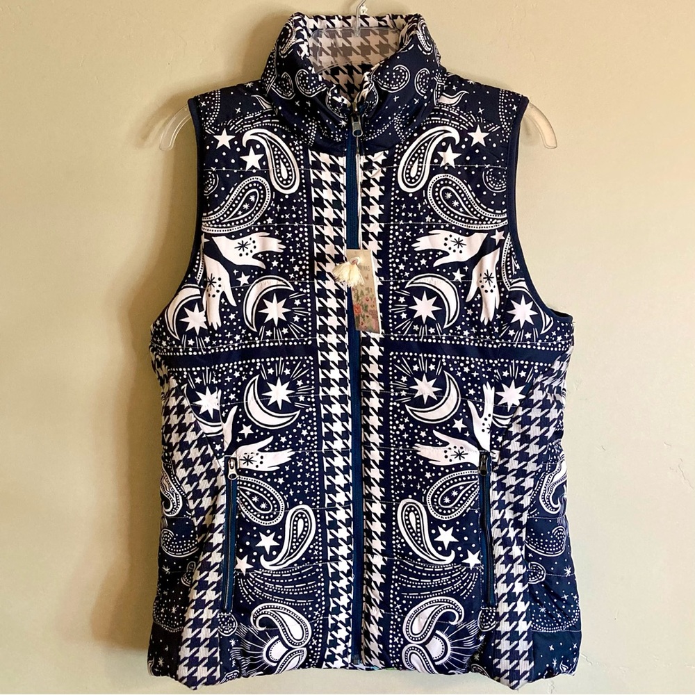NEW Johnny Was Sasha Vest Reversible Puffer Houndstooth Floral Black White Sz M - Picture 7 of 16